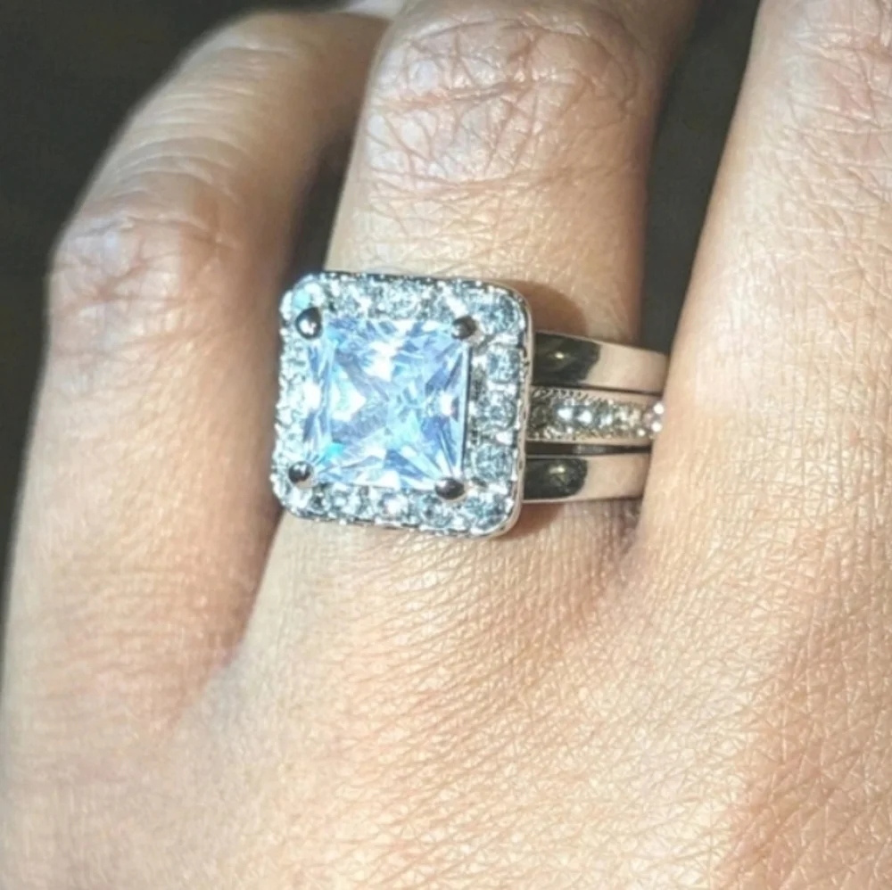 Womens 5ct Princess Cut Lab Created Diamond Halo Trio Wedding Ring Sz 7.5